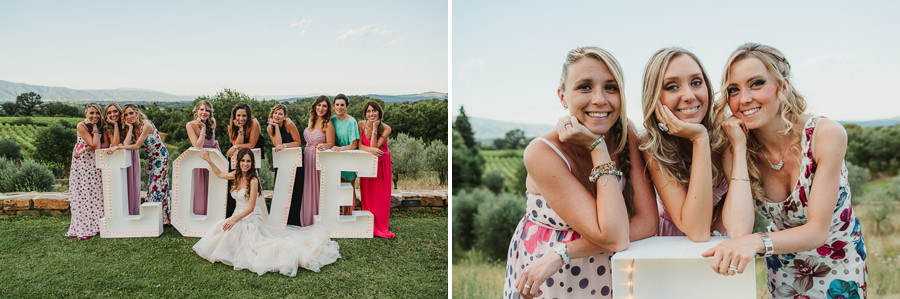 italian style outdoor wedding ceremony, having fun with bridesma