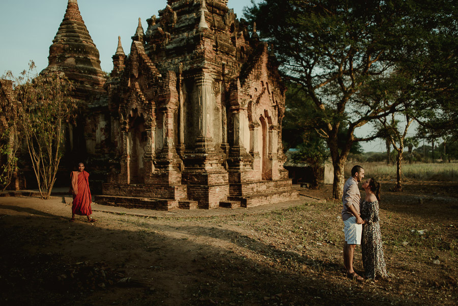 Myanmar engagement photography Bagan couple with monch