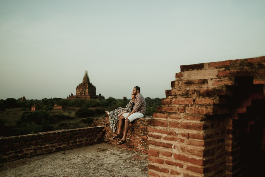 Myanmar engagement photography Bagan couple on temple rooftop