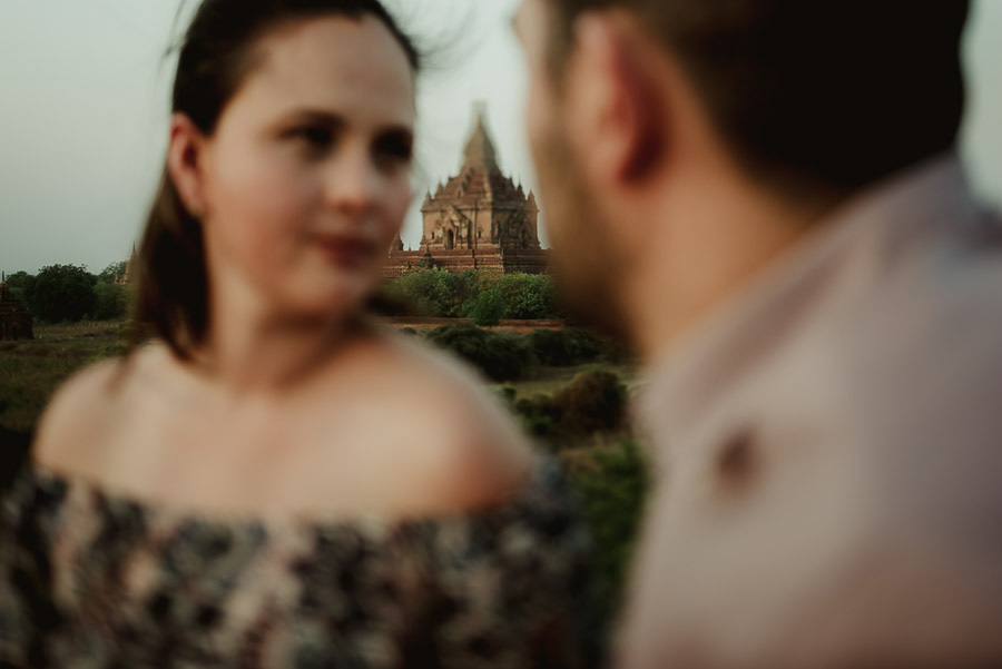 Myanmar engagement photography Bagan couple sunset temple roofto