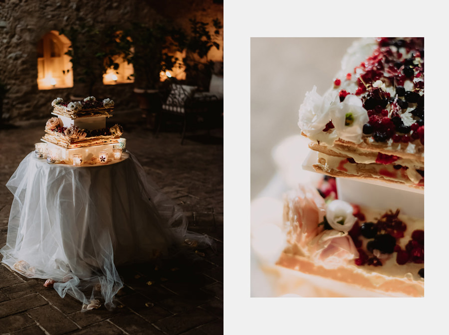 fairytale wedding italy umbria borgo della marmotta cakes buffet