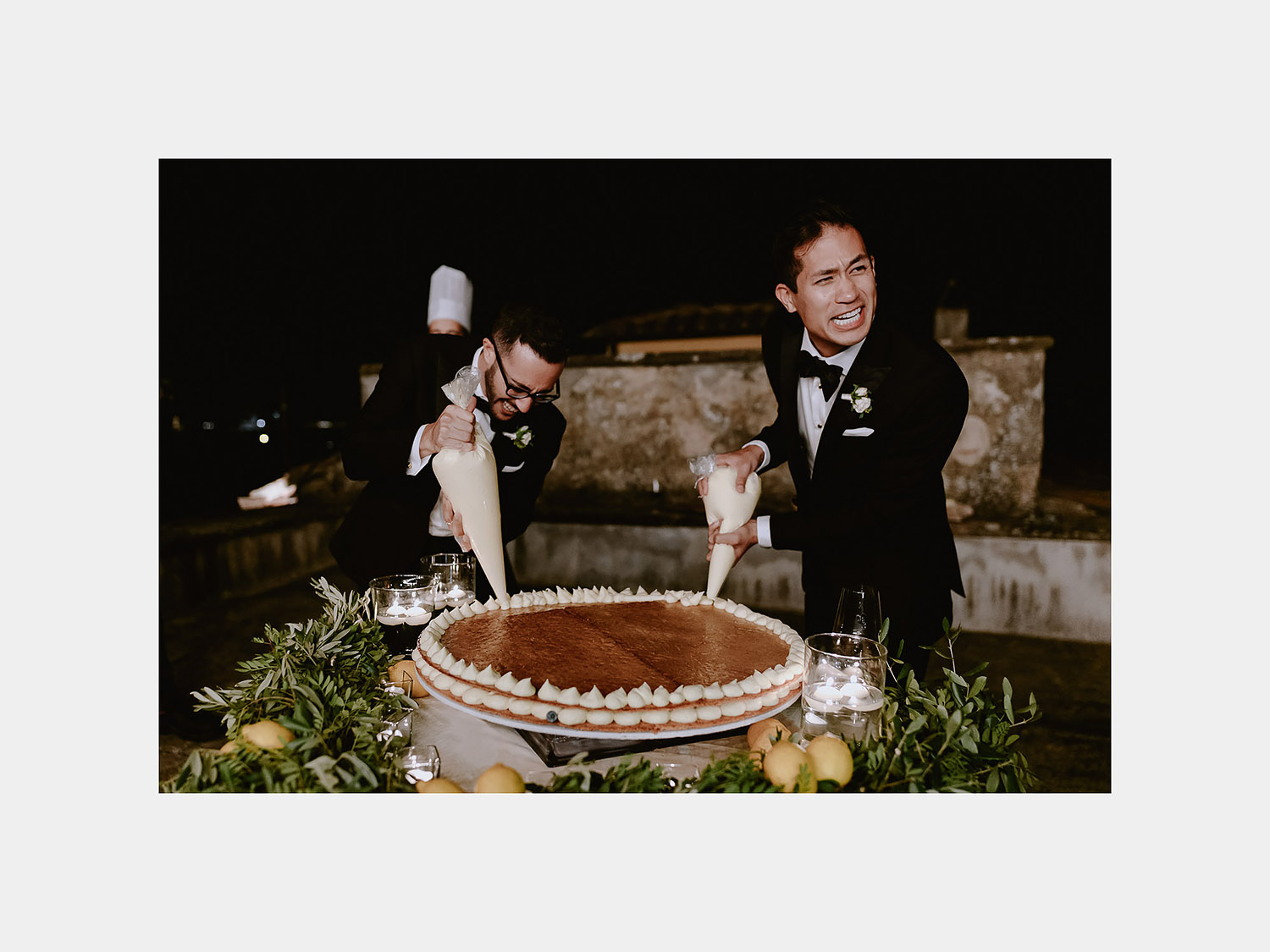 same sex wedding photographer florence villa maiano wedding cake making of grooms