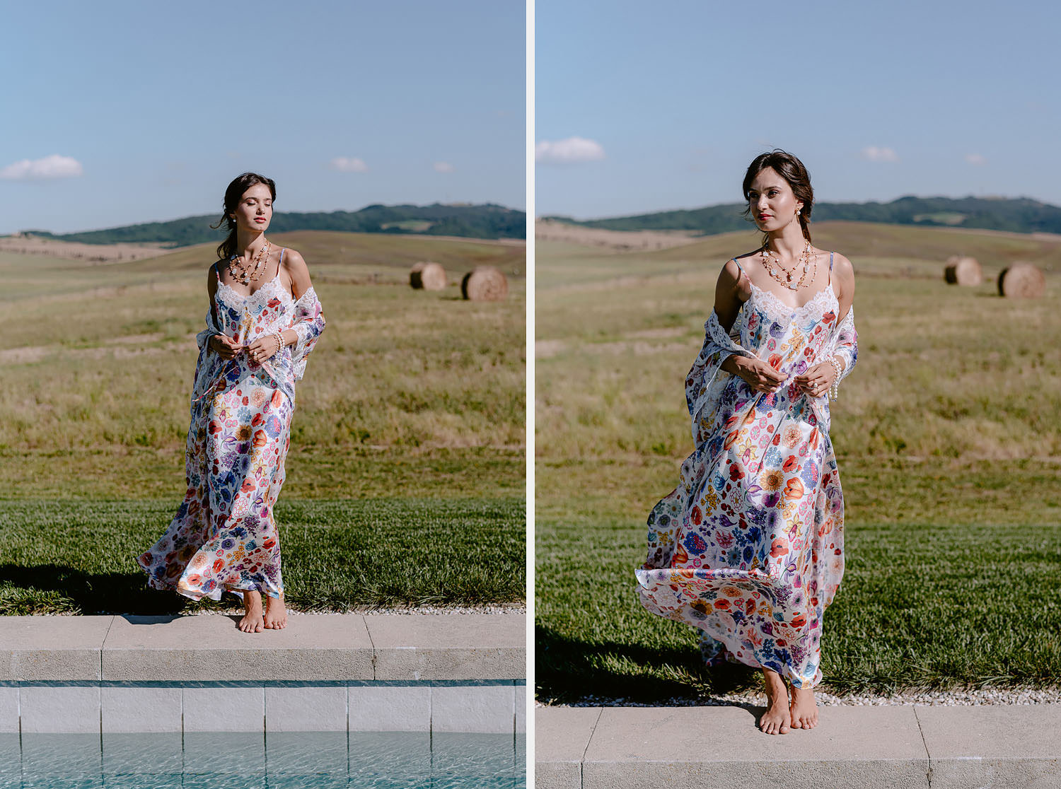 editorial Wedding Inspiration Tuscan Rolling Hills bride in petticoat and dressing gown pool