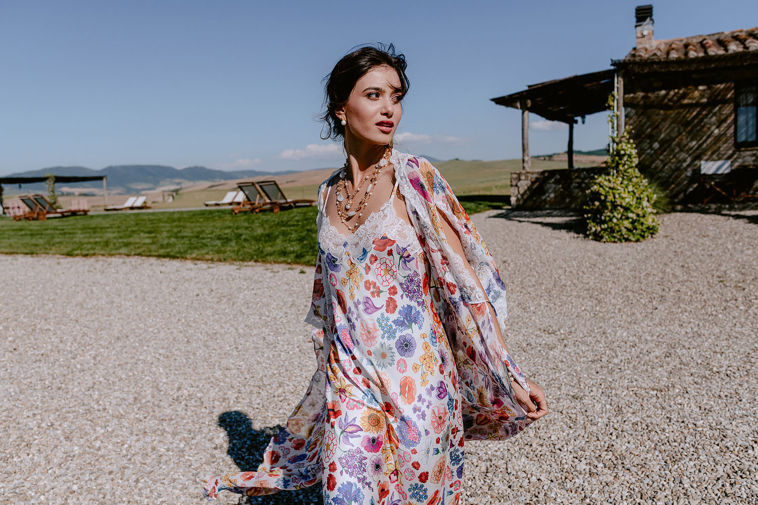 editorial Wedding Inspiration Tuscan Rolling Hills bride in petticoat and dressing gown outdoor fashion vibe