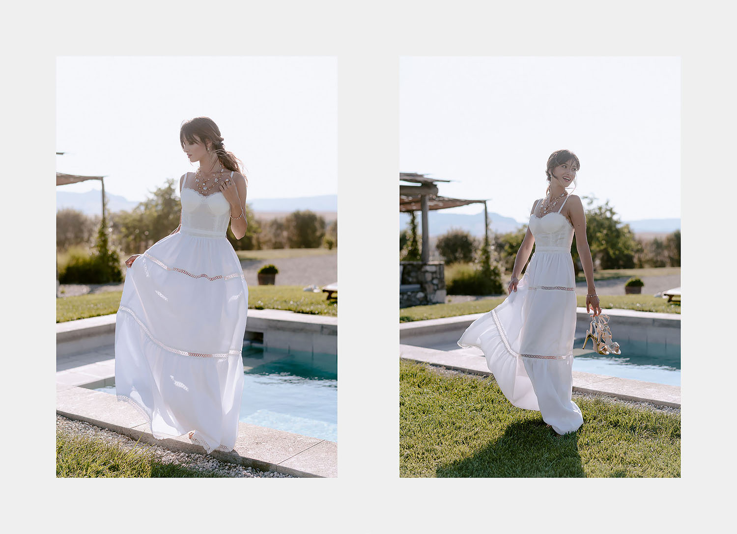 editorial Wedding Inspiration Tuscan Rolling Hills bride in andreia cruz dress and oro due on pool