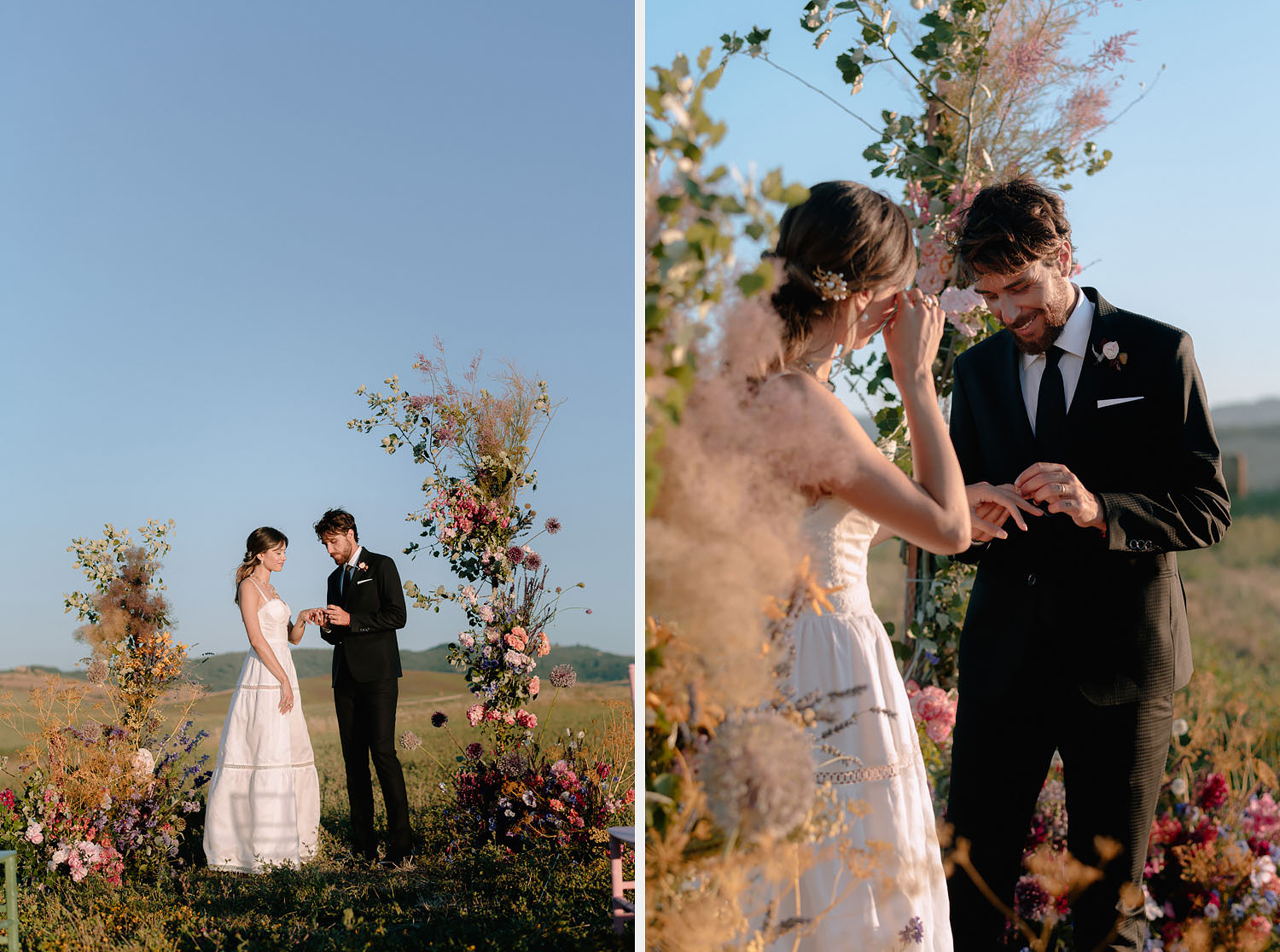 editorial Wedding Inspiration Tuscan Rolling Hills ceremony setup puscina flowers and eventset
