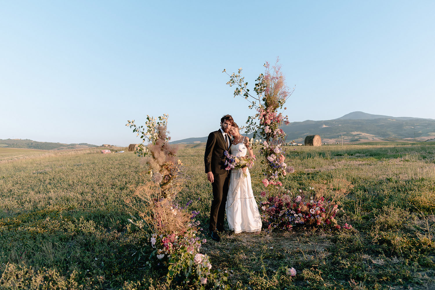 editorial intimate Wedding Inspiration Tuscan Rolling Hills bride and groom portrait