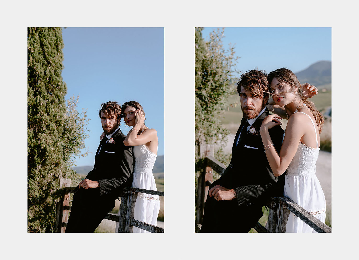 editorial intimate Wedding Inspiration Tuscan Rolling Hills bride and groom portrait iin sunset