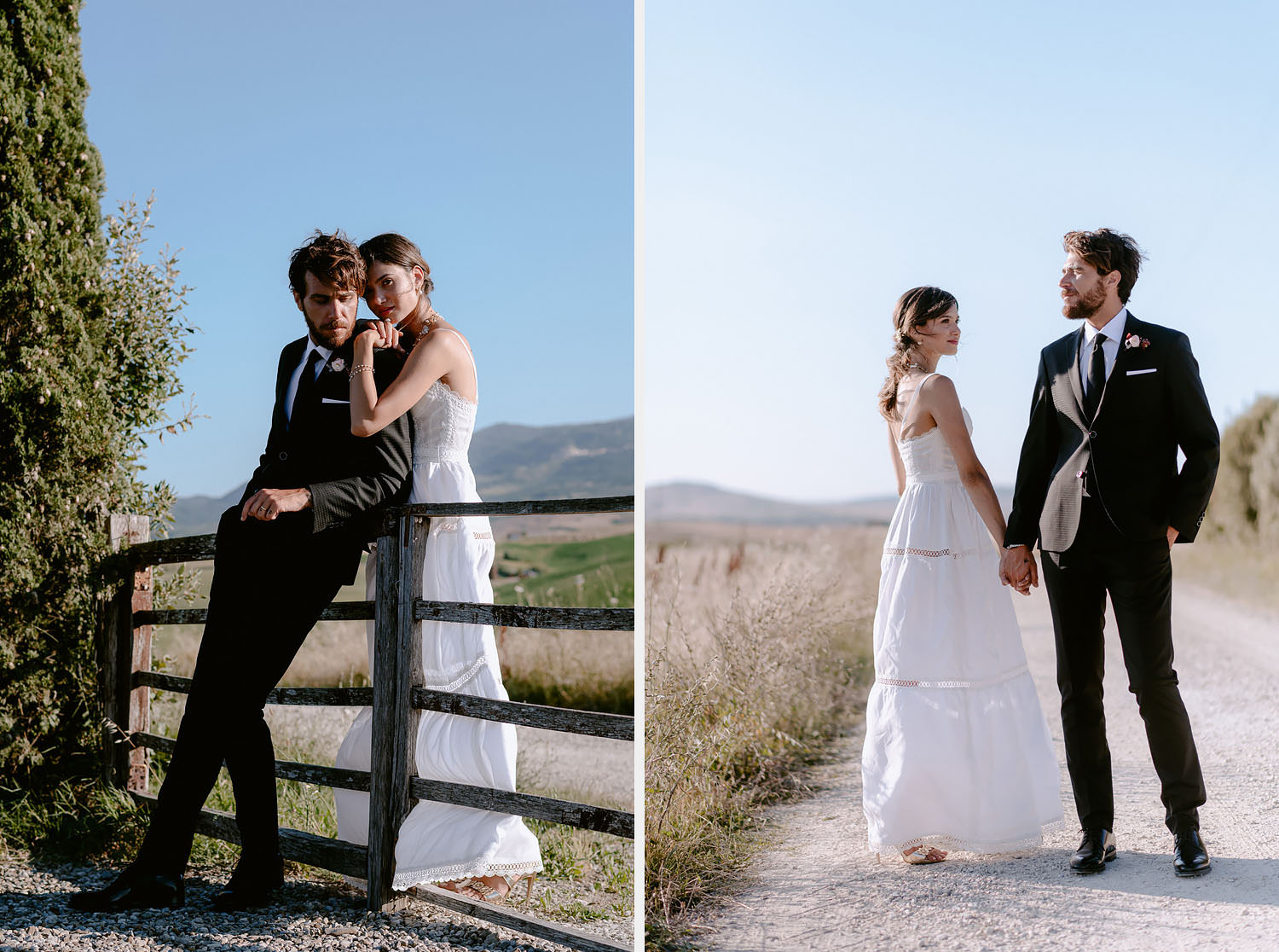 intimate Wedding Inspiration in Tuscan Rolling Hills bride and groom portrait iin sunset
