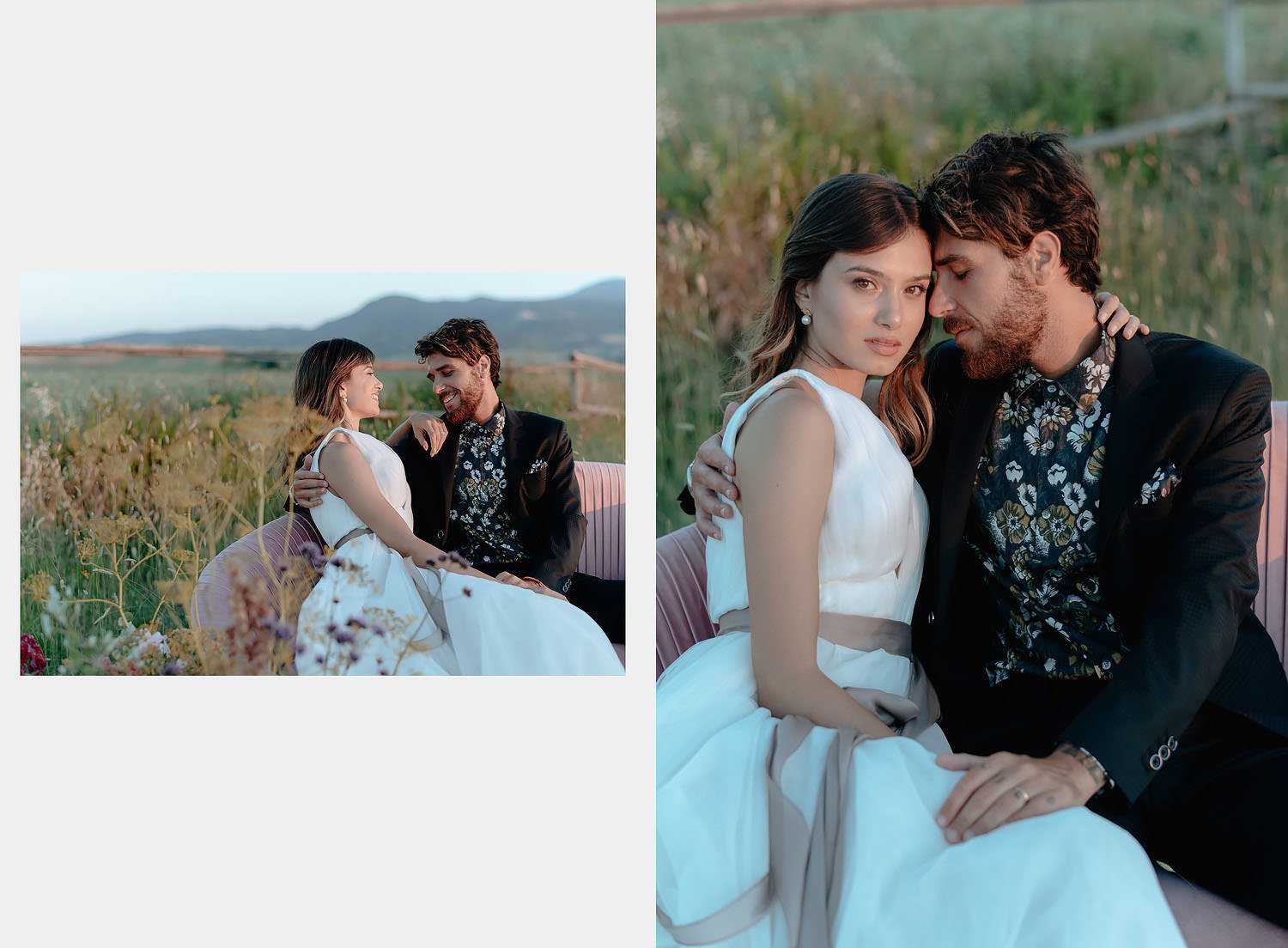 editorial intimate Wedding Inspiration Tuscan Rolling Hills bride groom sunset tuscan field sofa fascion vibe
