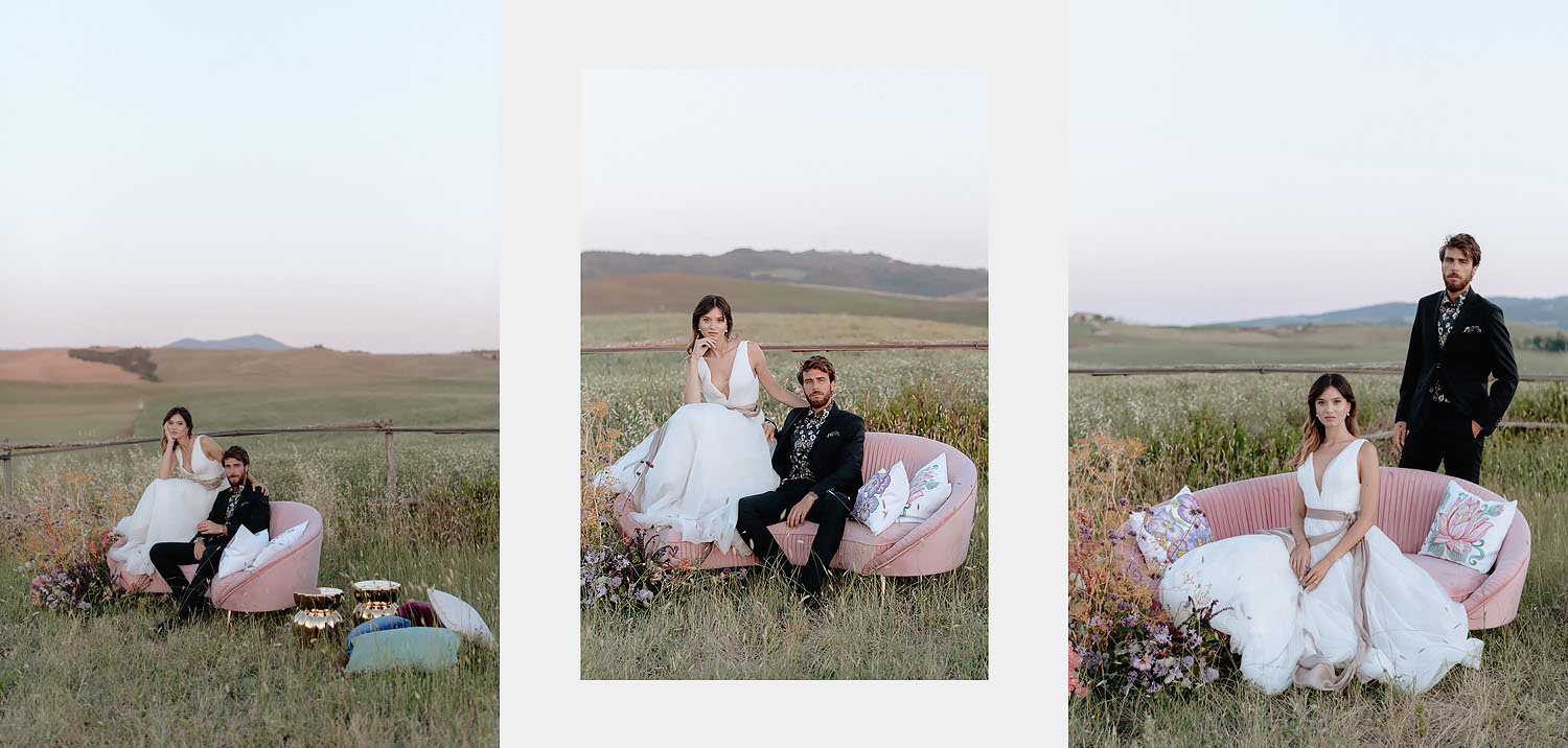editorial intimate Wedding Inspiration in Tuscan Rolling Hills bride groom sunset tuscan field sofa fascion vibe