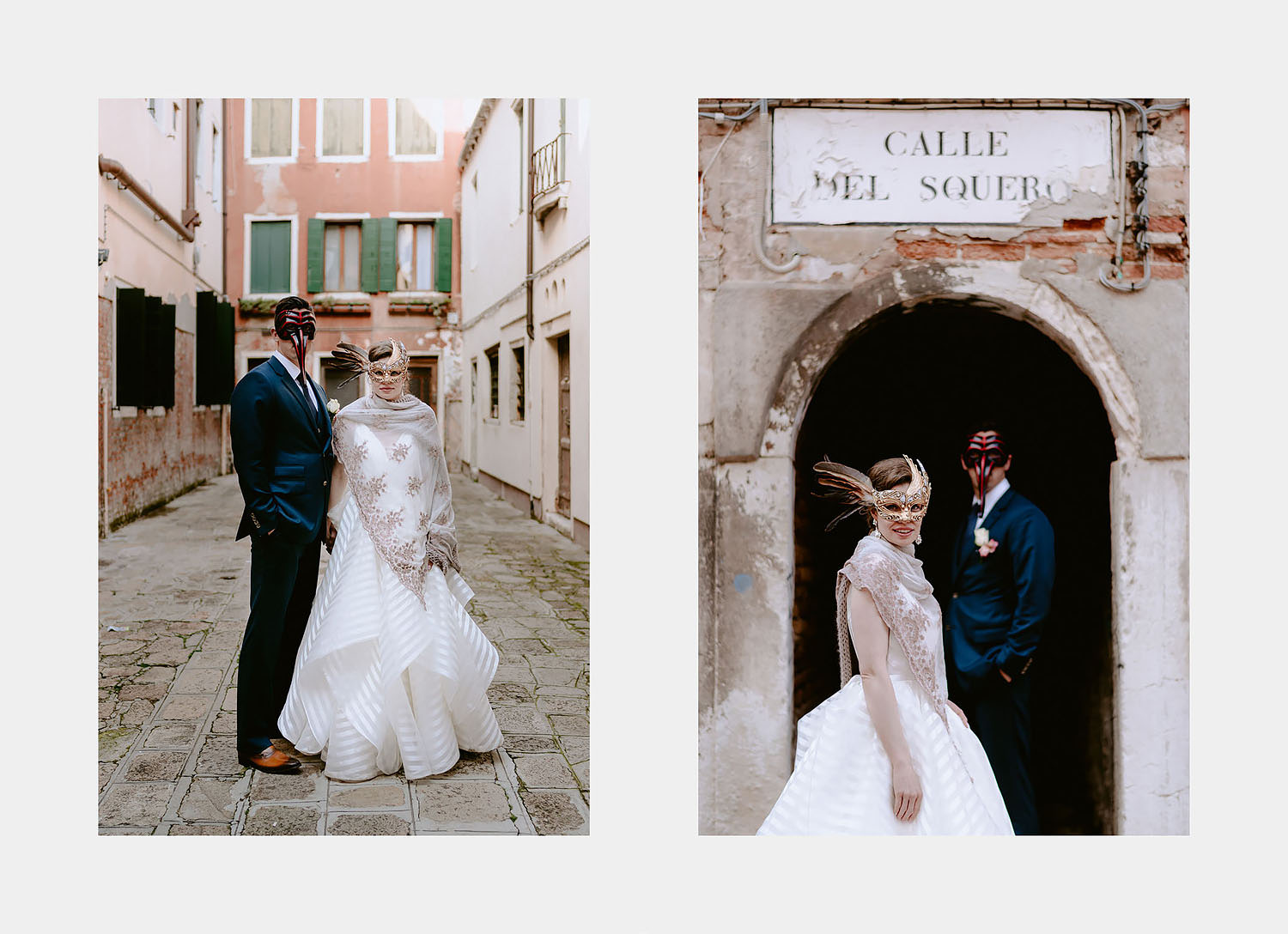wedding photographer venice elopement photography bride groom portrait traditional venetian masks
