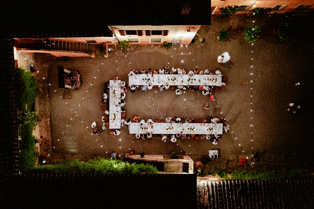 drone view of dinner setup at night