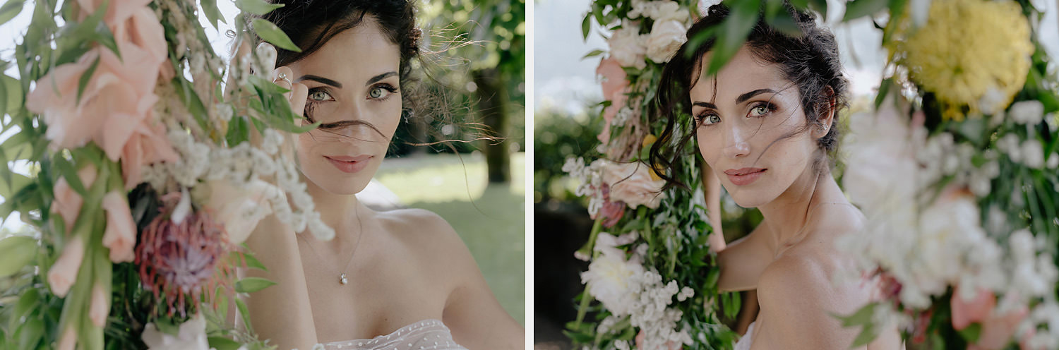 villa balbiano wedding photographer lake como bride portraits on flower swing