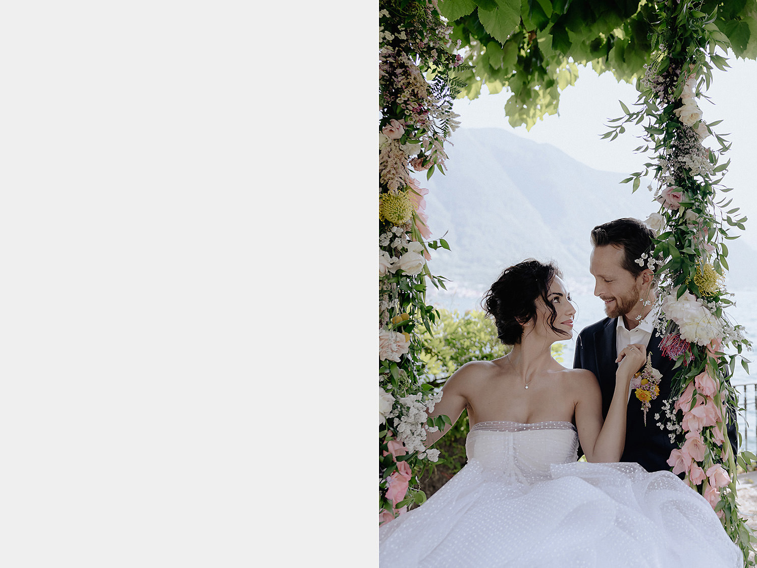villa balbiano wedding photographer lake como bride groom flower swing first look