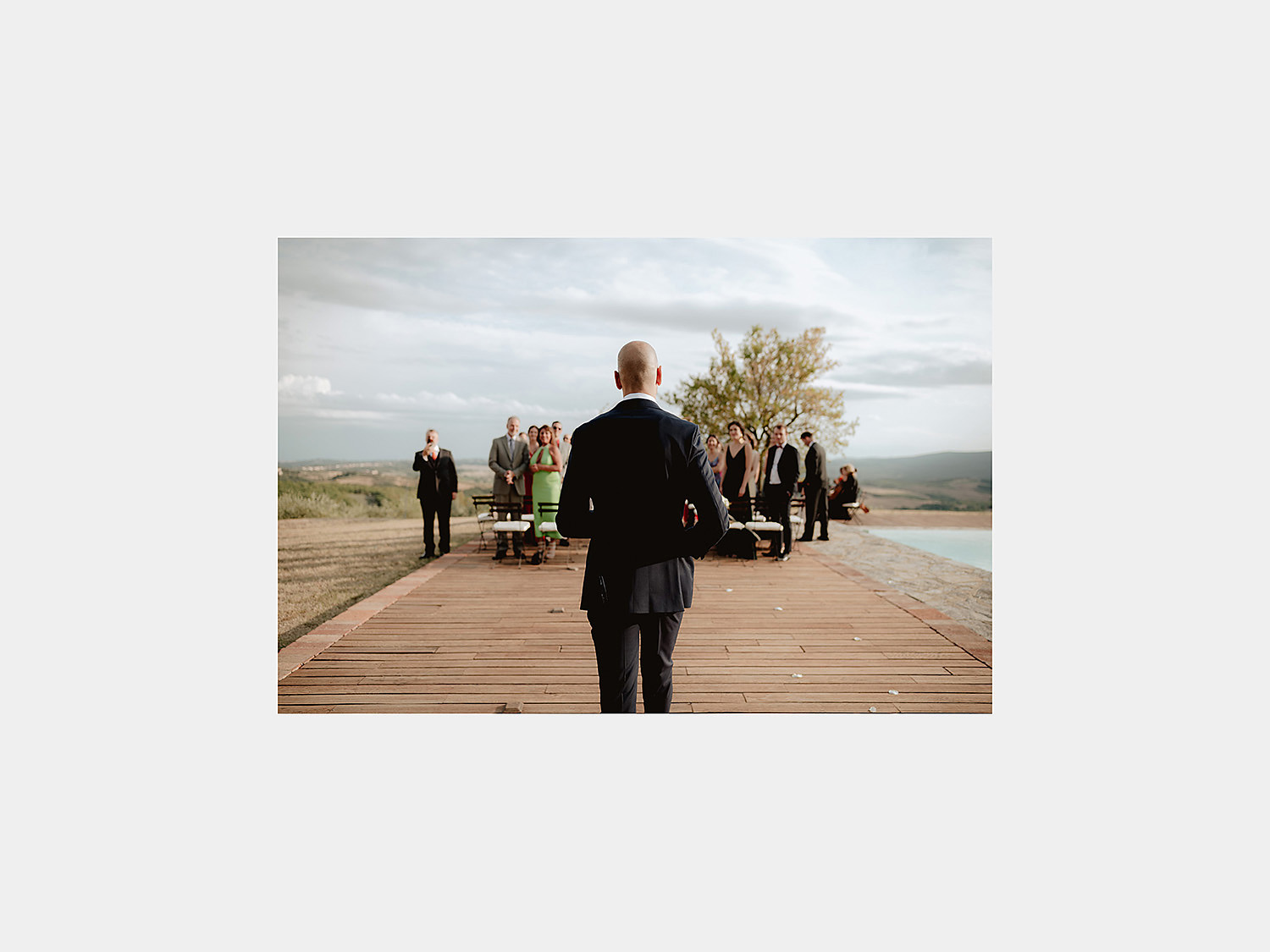 intimate micro wedding in tuscany rustic outdoor ceremony groom arrival photos